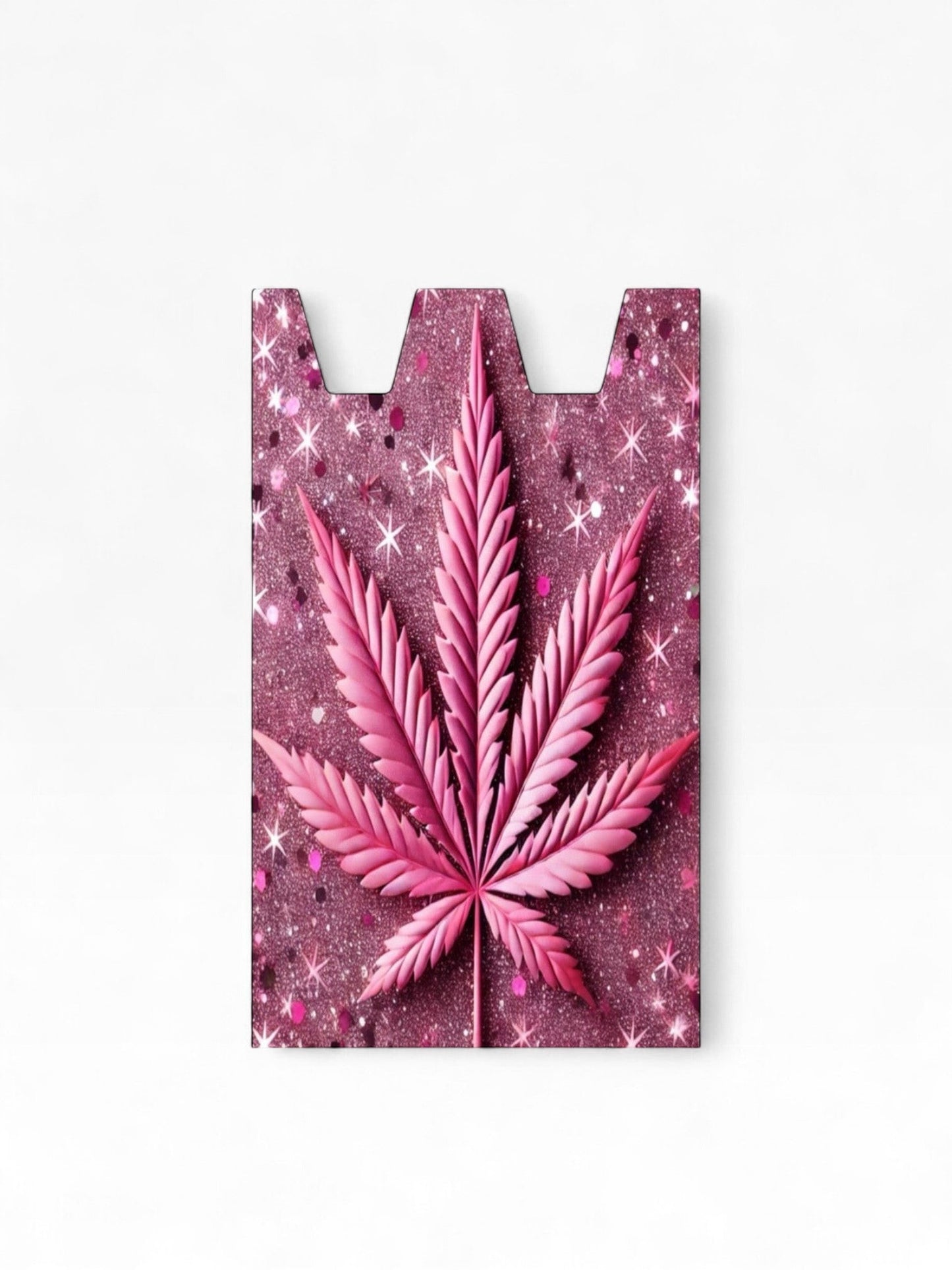 Cloud Skinz waterproof Stiiizy wrap featuring a pink glittery background with a 3D pink cannabis leaf design.