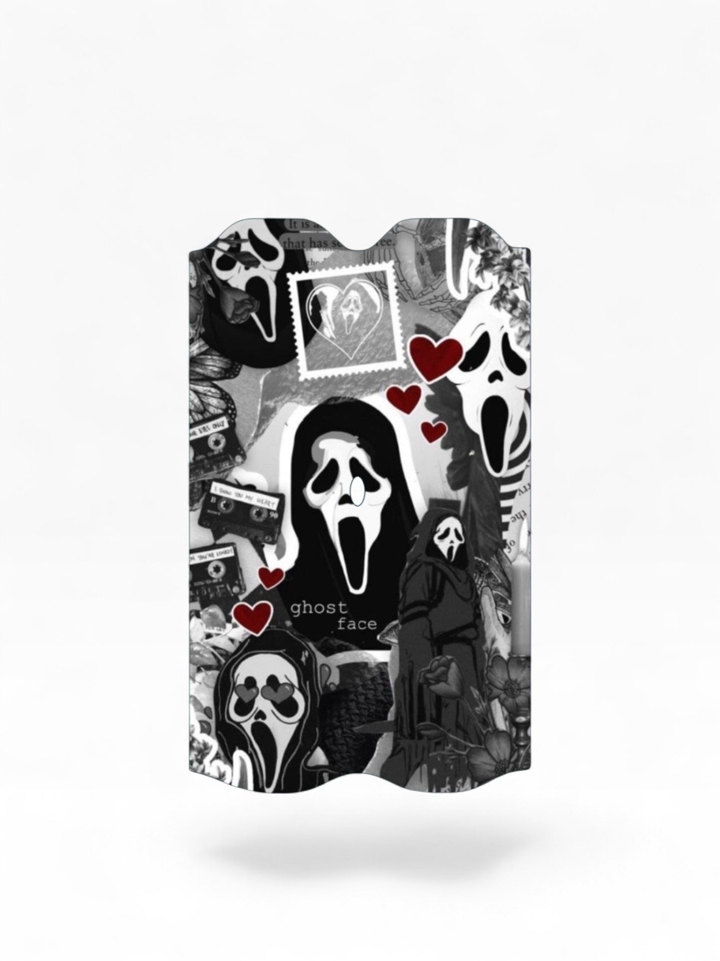 Cloud Skinz waterproof Vuse Alto decal featuring a black and white Ghostmask horror collage with red heart accents.