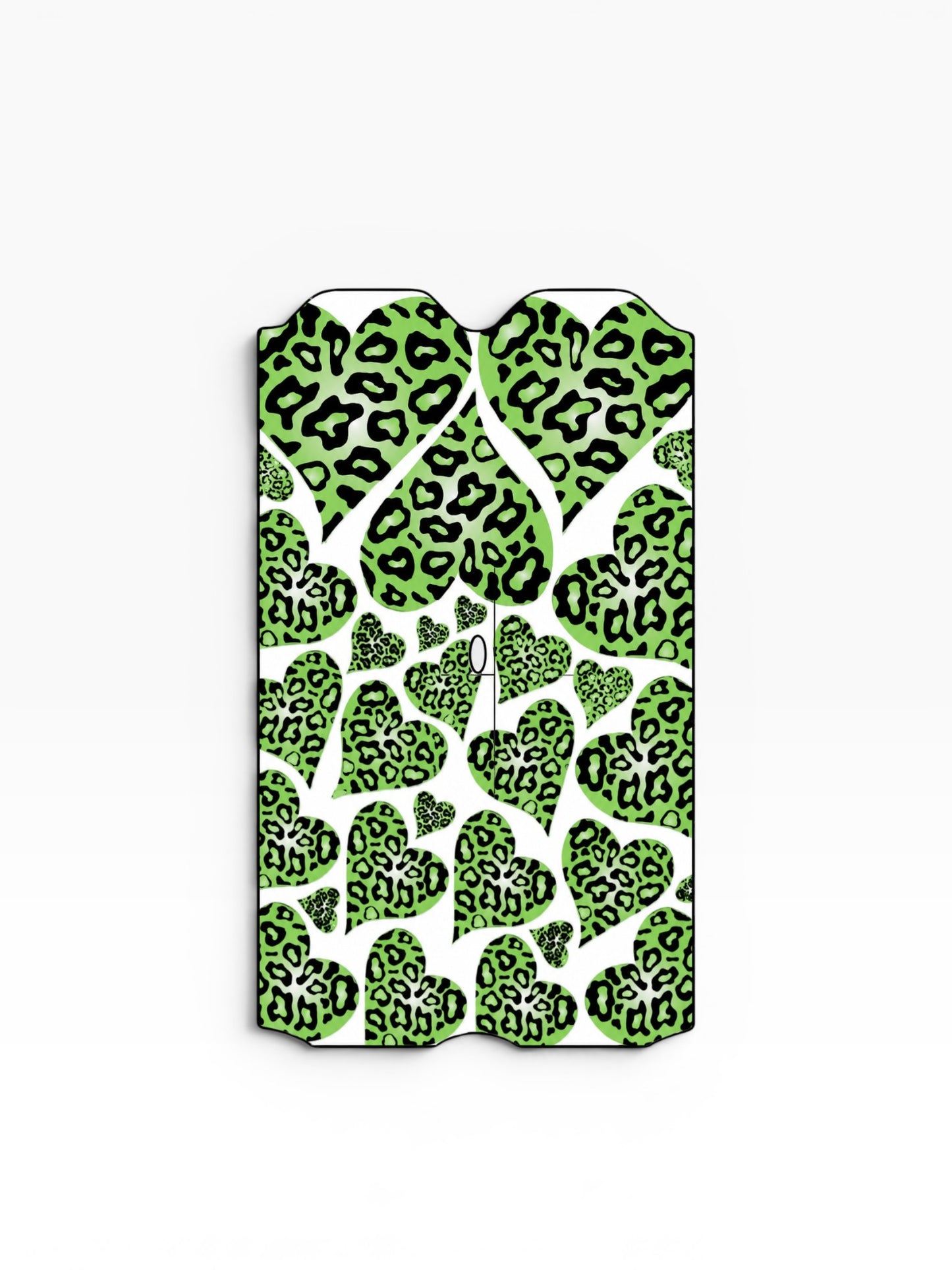 Cloud Skinz vape decal featuring a vibrant green and black cheetah print heart pattern on a white background.