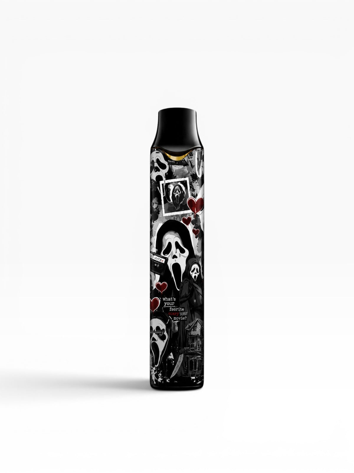 Cloud Skinz horror mask vinyl wrap for Vuse Alto featuring Ghostface collage, red hearts, and dark grunge aesthetic.