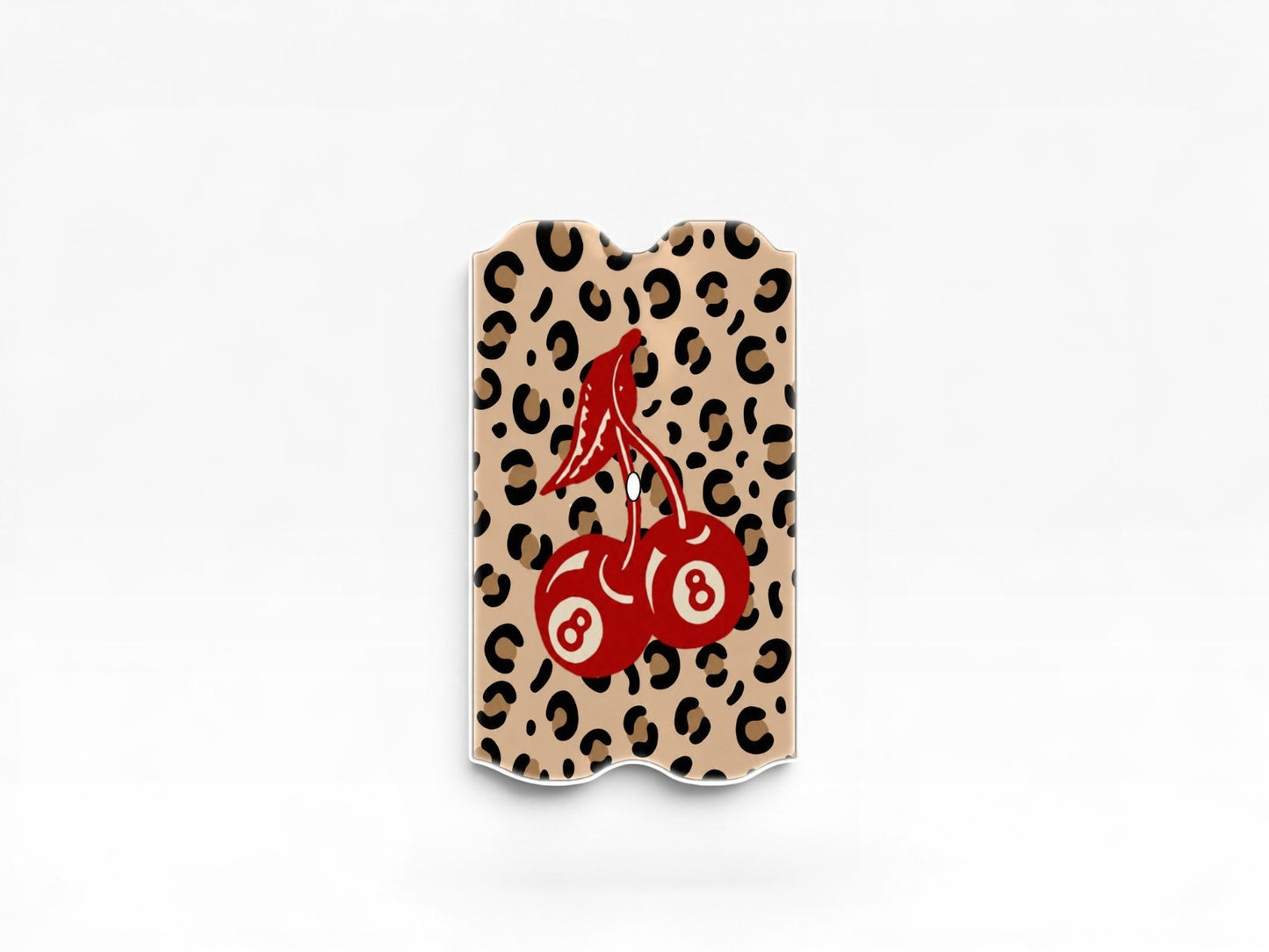 Cloud Skinz waterproof decal for Vuse Alto featuring a red cherry 8 ball design on a beige leopard print background.