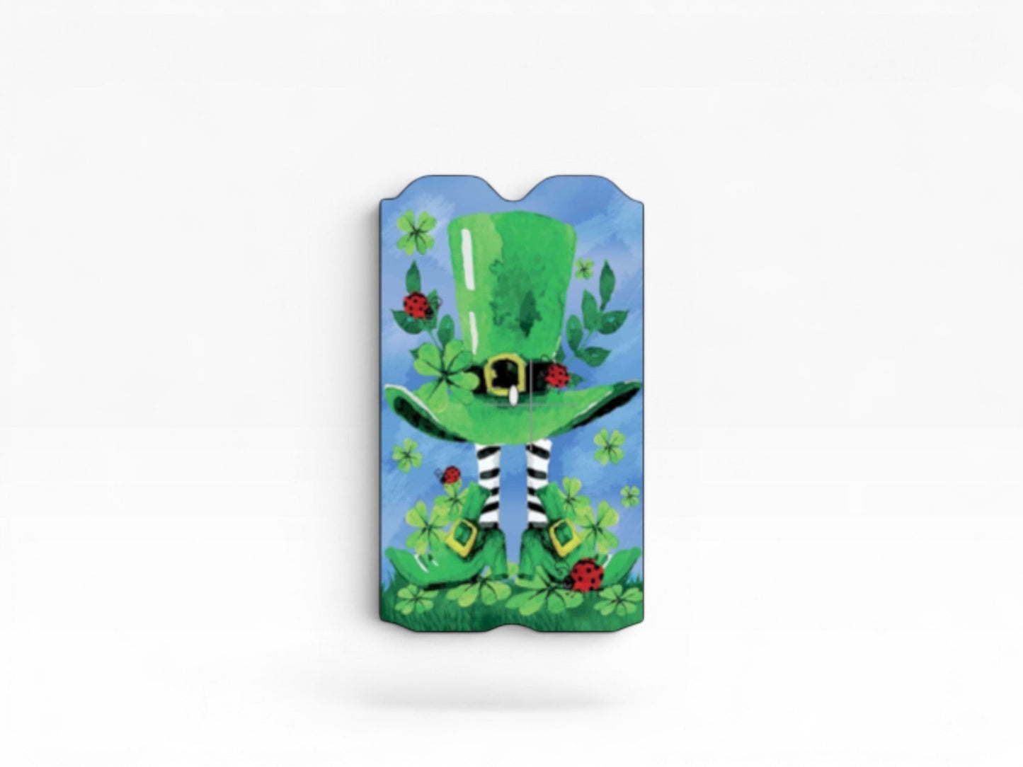 Cloud Skinz waterproof vinyl Vuse wrap featuring a whimsical green leprechaun hat and clover design on a blue background