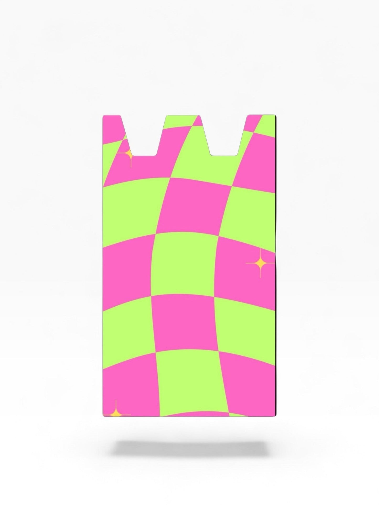 Cloud Skinz waterproof Stiiizy wrap featuring a vibrant pink and lime green wavy checkerboard pattern with star accents.