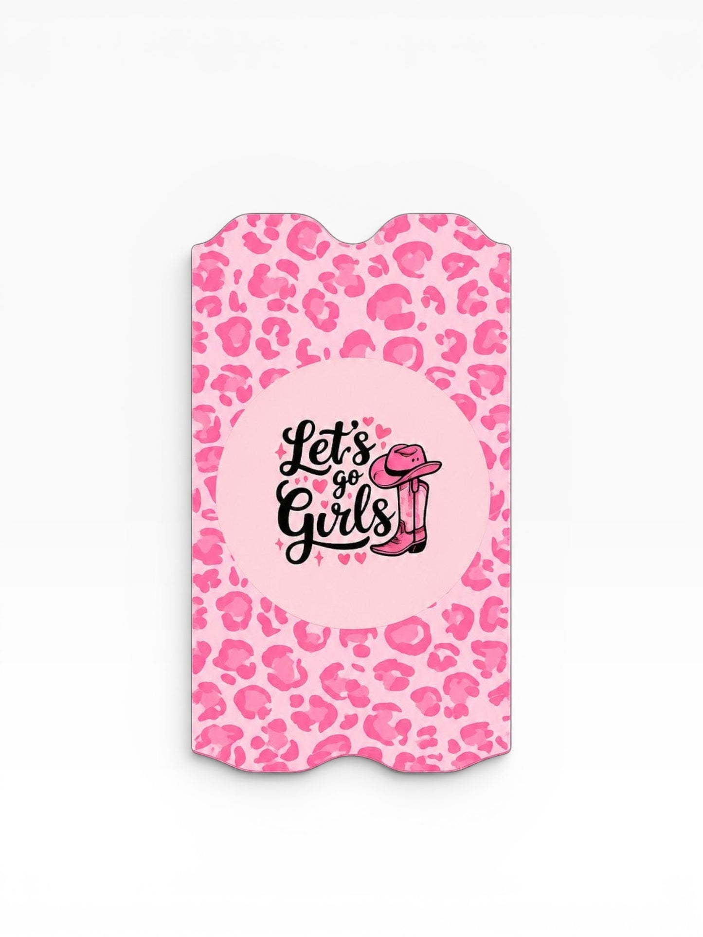 Cloud Skinz protective device cover featuring a pink leopard print and a Let's Go Girls cowboy boot graphic.