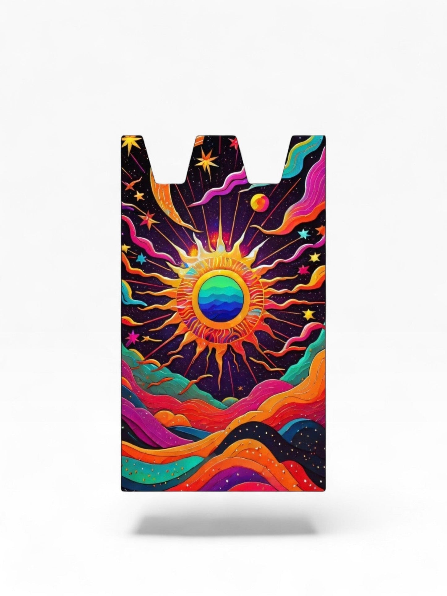 Cloud Skinz waterproof Stiiizy wrap featuring a vibrant psychedelic sun, colorful clouds, and stars design.