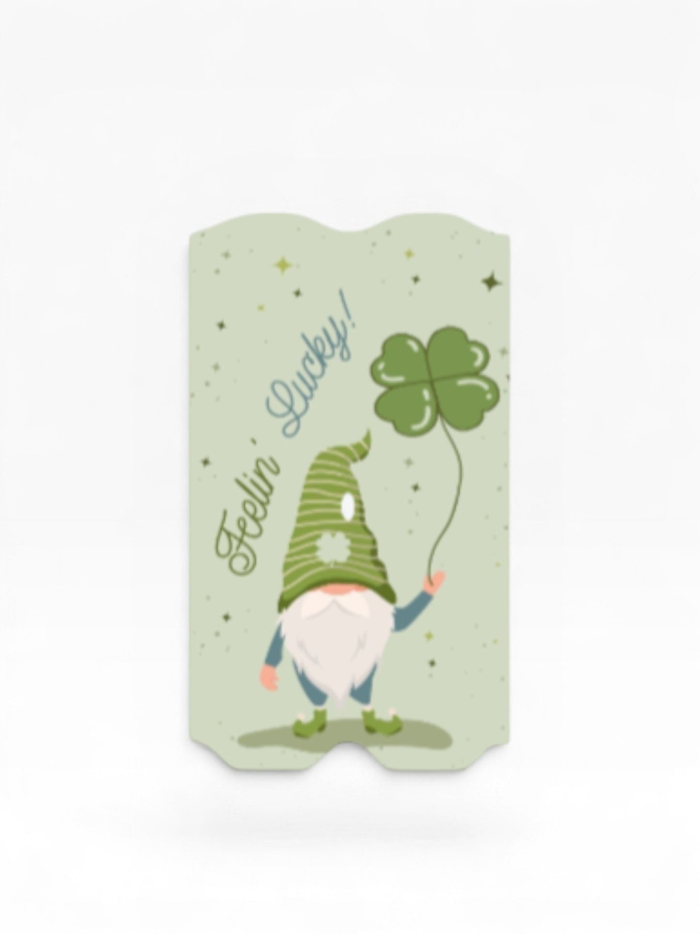 Cloud Skinz St. Patrick's Day vape decal featuring a cute gnome holding a four-leaf clover on a light green background.