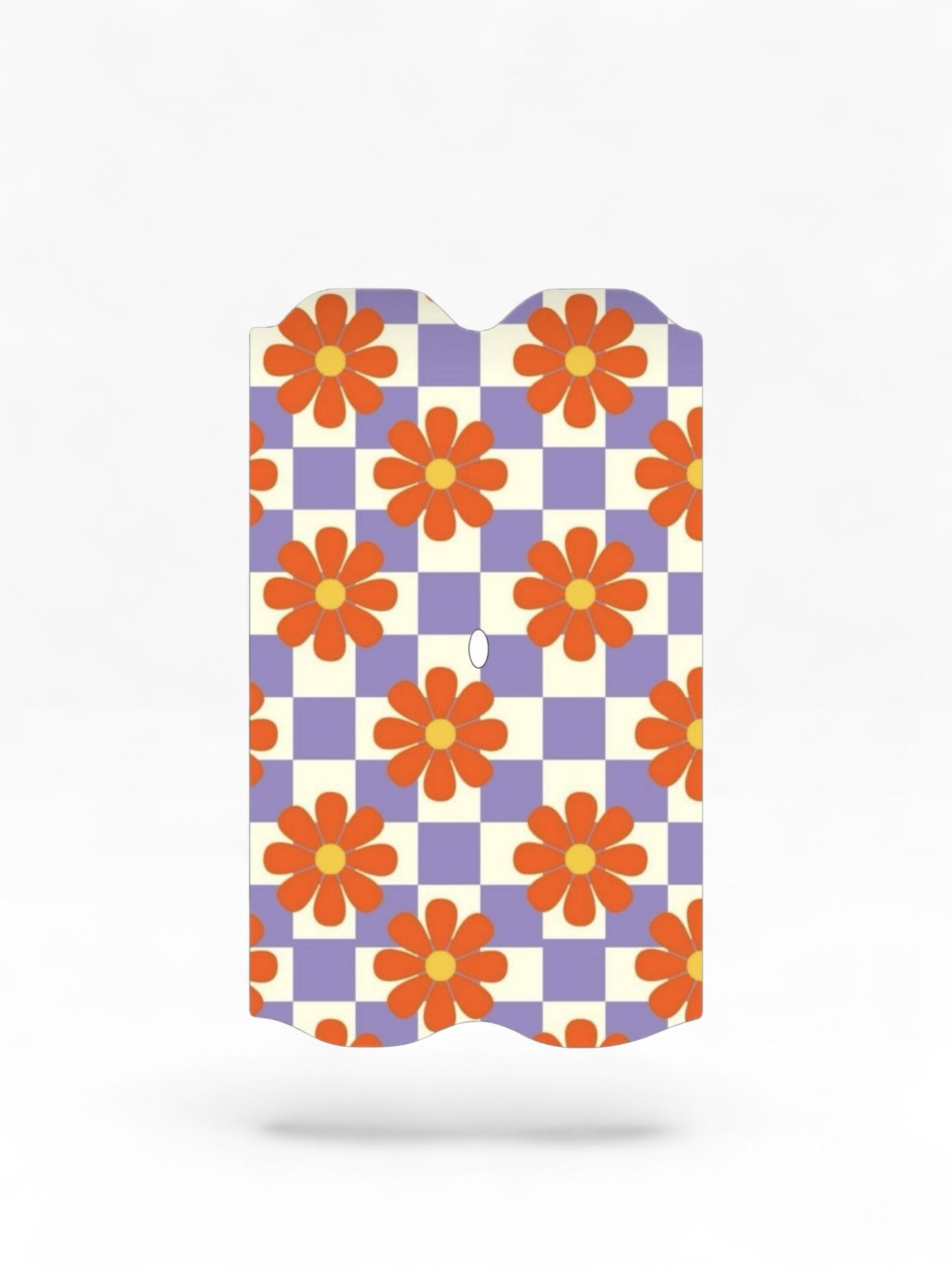 Cloud Skinz waterproof Vuse Alto decal featuring a retro purple and white checkerboard pattern with orange daisies.