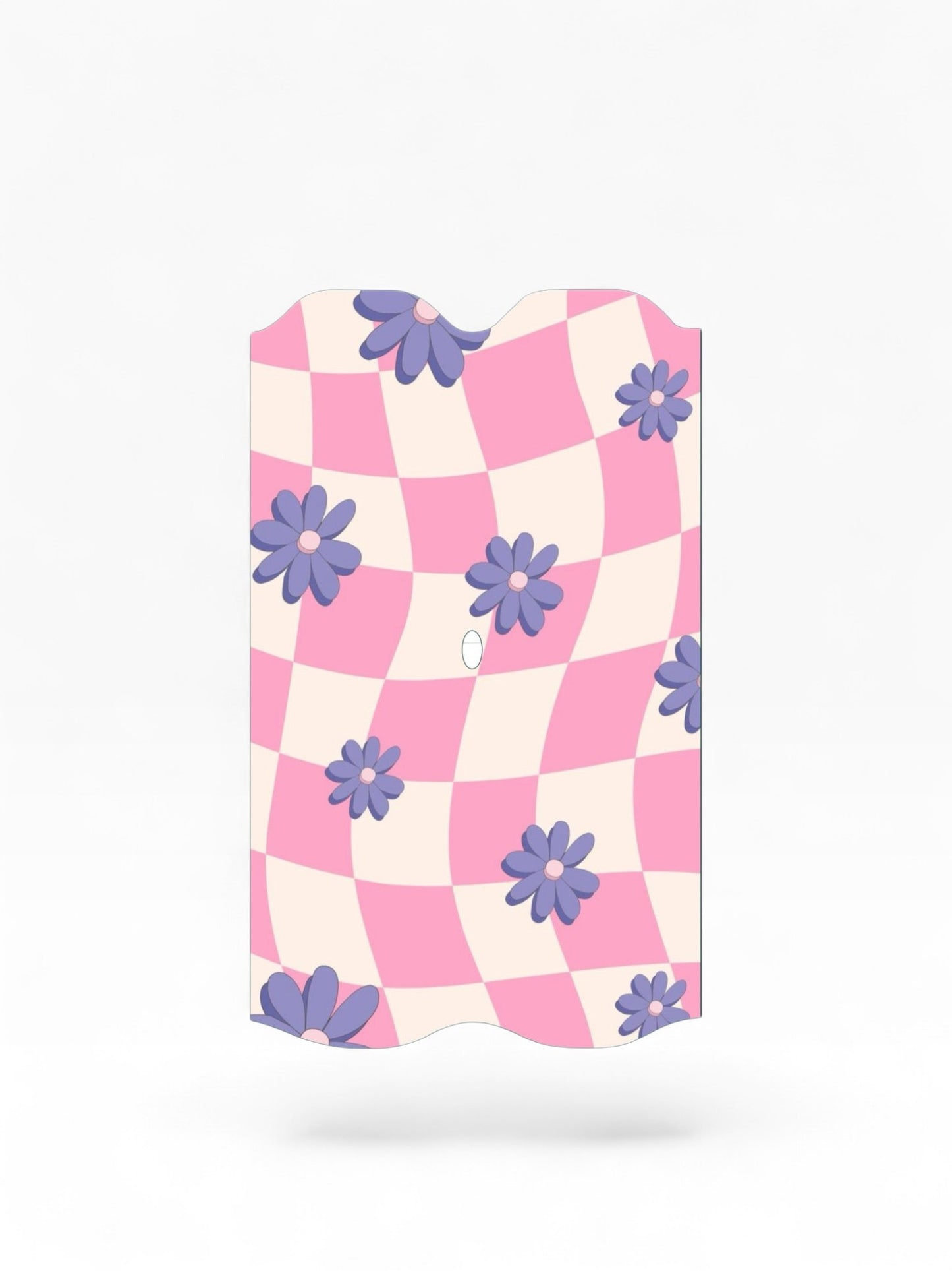 Cloud Skinz waterproof Vuse Alto decal featuring a pink and white checkered pattern with purple flower accents.