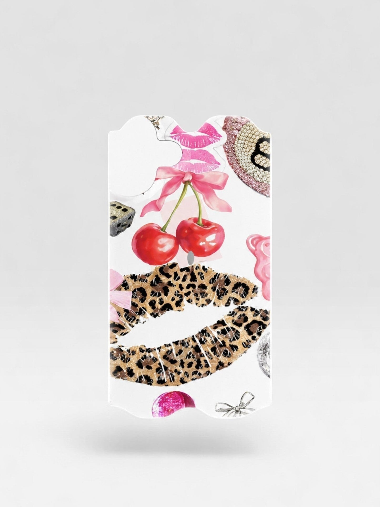Cloud Skinz waterproof Vuse Alto decal featuring a playful cherry, leopard print lips, and pink bow pattern.