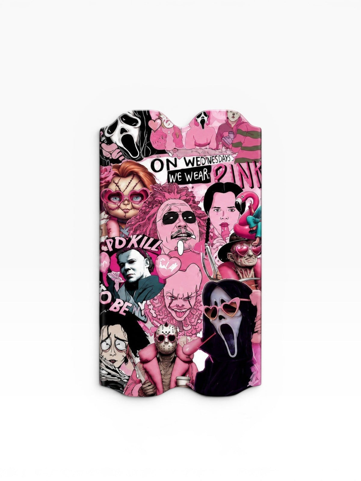 Cloud Skinz horror movie character collage protective device skin featuring iconic villains in a pink matte finish.