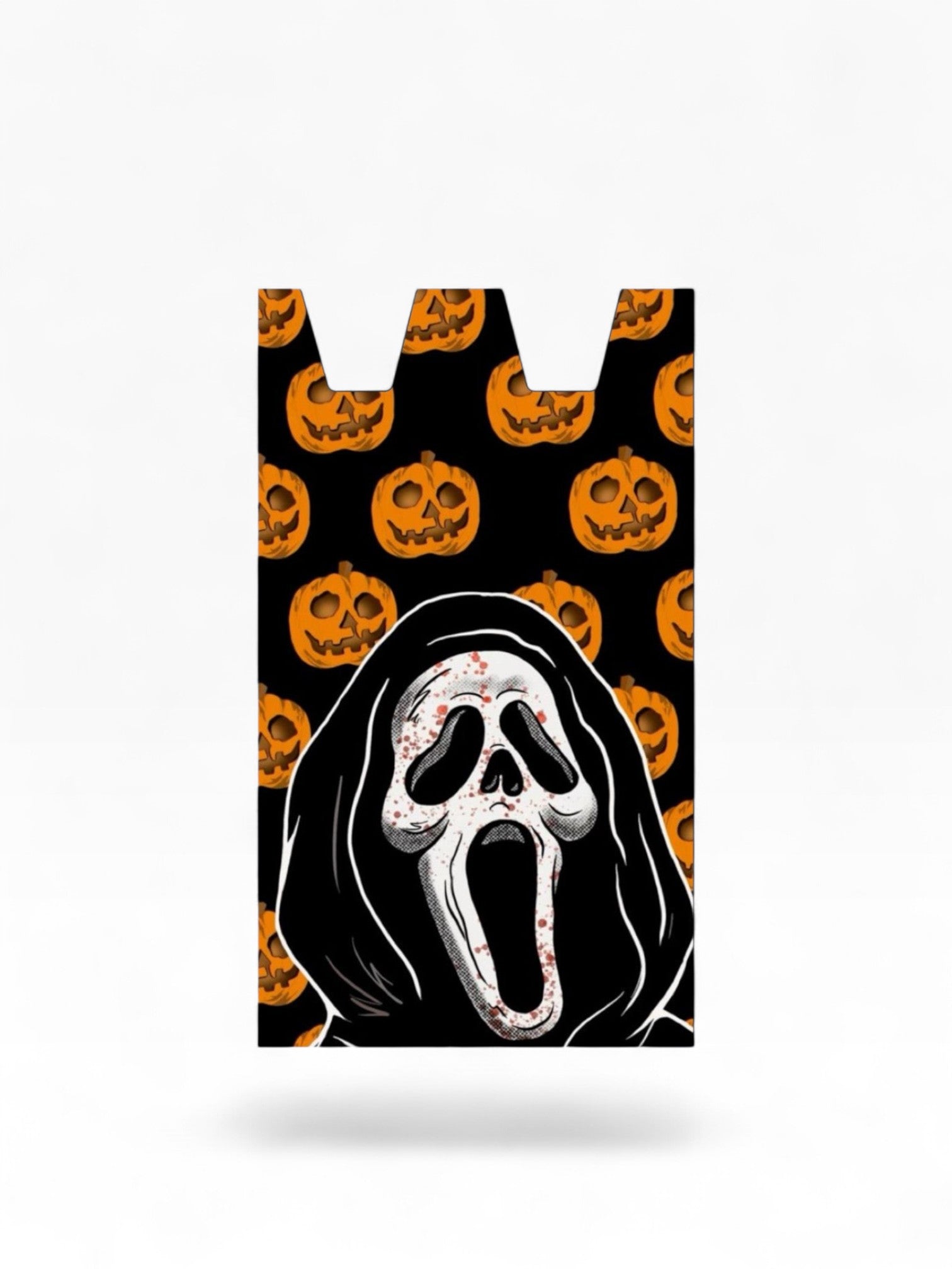 Cloud Skinz waterproof Stiiizy wrap featuring a spooky ghost mask design with orange jack-o'-lantern pumpkins.