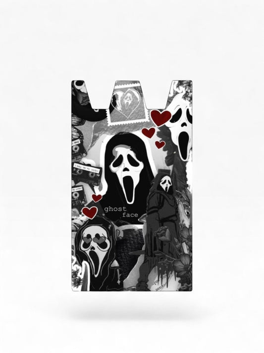 Cloud Skinz waterproof Stiiizy wrap featuring a black and white Ghost Mask horror movie collage with red hearts