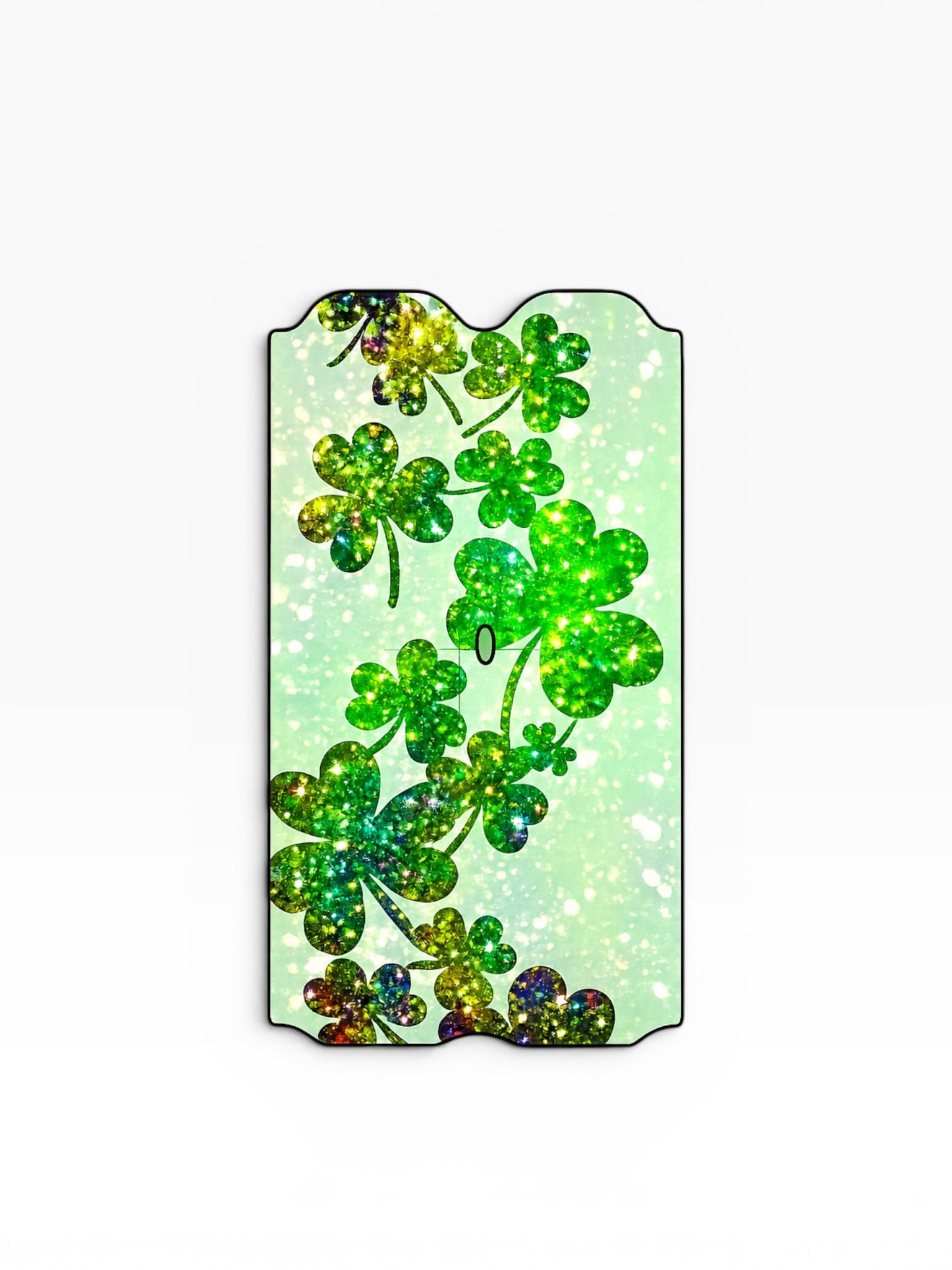 Cloud Skinz glittery rainbow wrap for vape devices featuring a vibrant green shamrock clover pattern