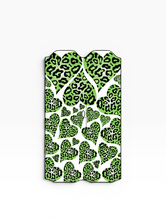 Cloud Skinz vape decal featuring a vibrant green and black cheetah print heart pattern on a white background.