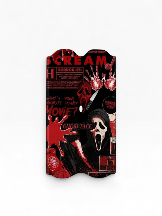 Cloud Skinz horror movie protective wrap featuring a Ghost Mask collage with red and black blood-splatter design.
