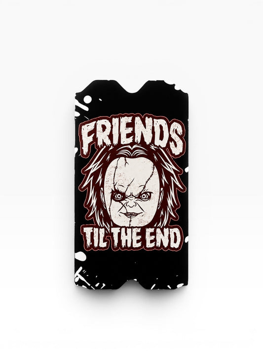 Cloud Skinz horror-themed vinyl wrap for Vuse Alto featuring a scary doll character design with Friends Til the End text.