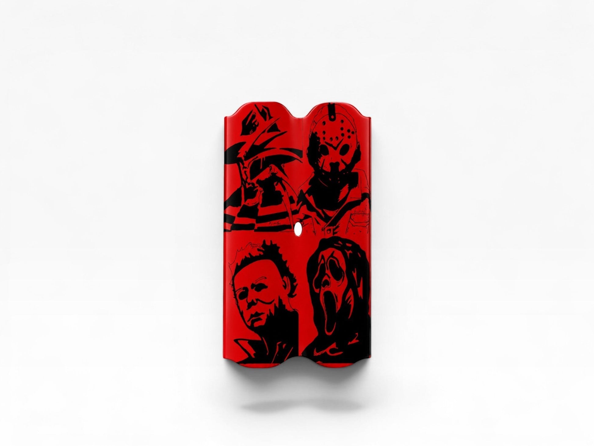 Cloud Skinz Legends of Horror vinyl wrap for Vuse Alto featuring black slasher villain silhouettes on a red background