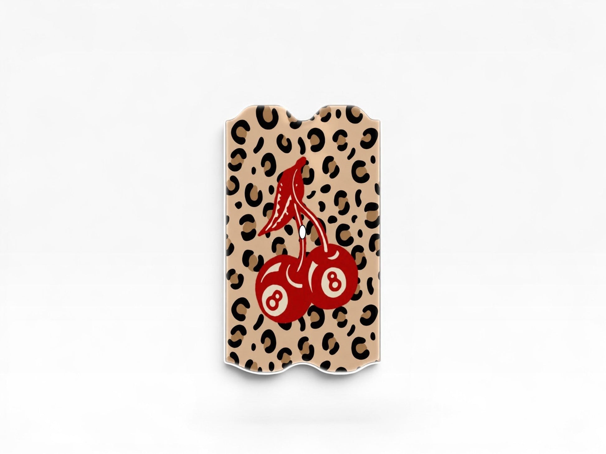 Cloud Skinz waterproof decal for Vuse Alto featuring a red cherry 8 ball design on a beige leopard print background.