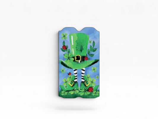 Cloud Skinz waterproof vinyl Vuse wrap featuring a whimsical green leprechaun hat and clover design on a blue background