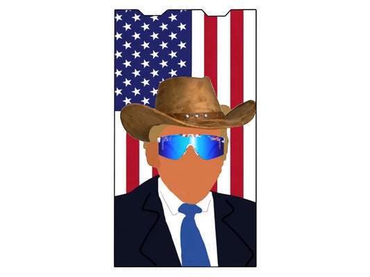 Cloud Skinz patriotic cowboy graphic protective device skin featuring a man in a hat and flag sunglasses.