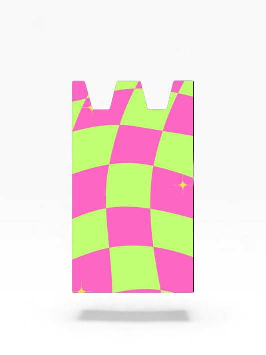 Cloud Skinz waterproof Stiiizy wrap featuring a vibrant pink and lime green wavy checkerboard pattern with star accents.