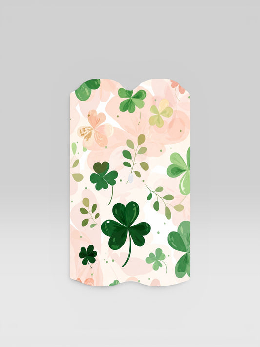Cloud Skinz pink and green clover patterned vape decal with whimsical watercolor leaves and shamrock designs.