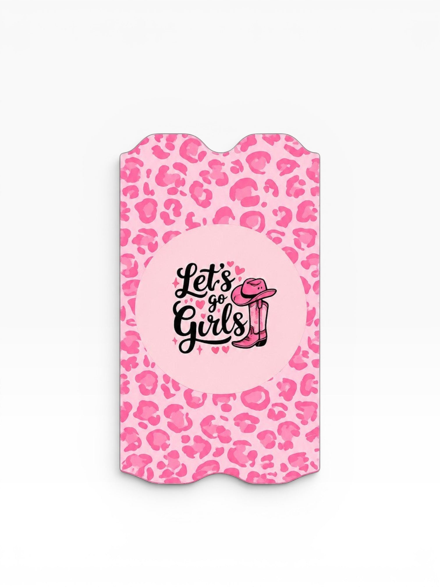 Cloud Skinz protective device cover featuring a pink leopard print and a Let's Go Girls cowboy boot graphic.