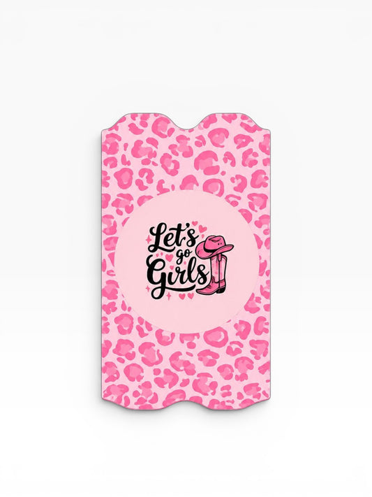 Cloud Skinz protective device cover featuring a pink leopard print and a Let's Go Girls cowboy boot graphic.