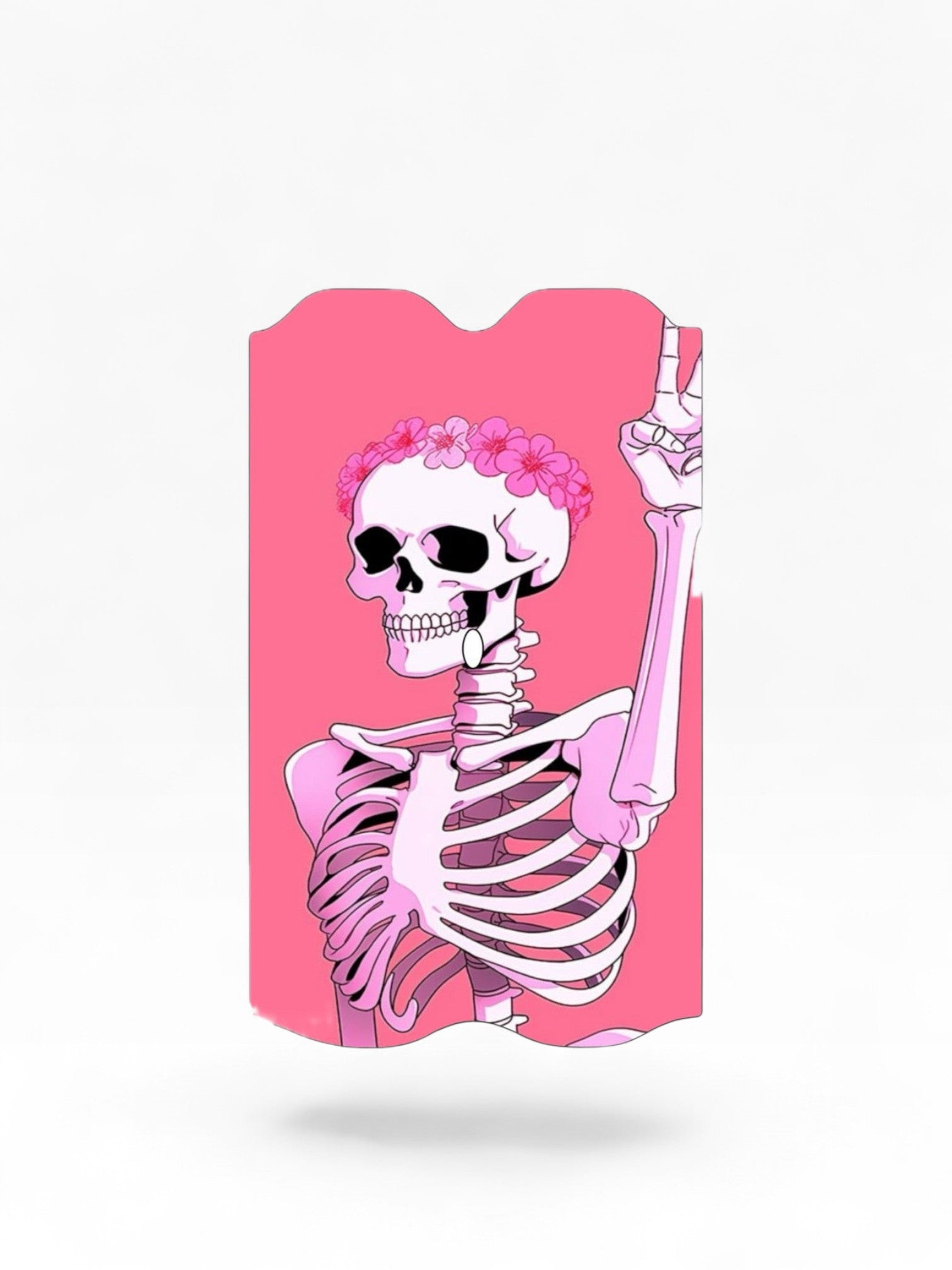 Cloud Skinz waterproof Vuse Alto decal featuring a pink skeleton wearing a flower crown and making a peace sign.
