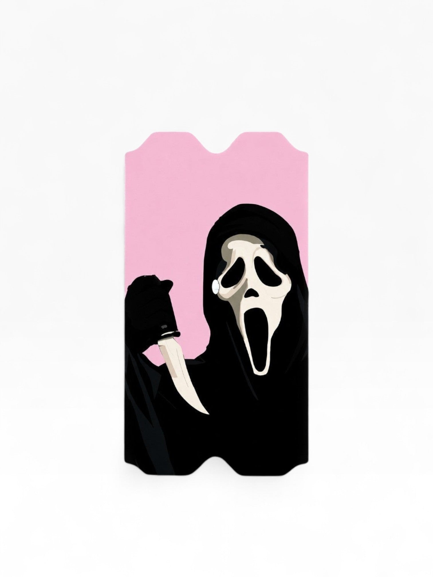 Cloud Skinz Silent Stalker vinyl wrap for Vuse Alto featuring a horror masked figure on a soft pink background.
