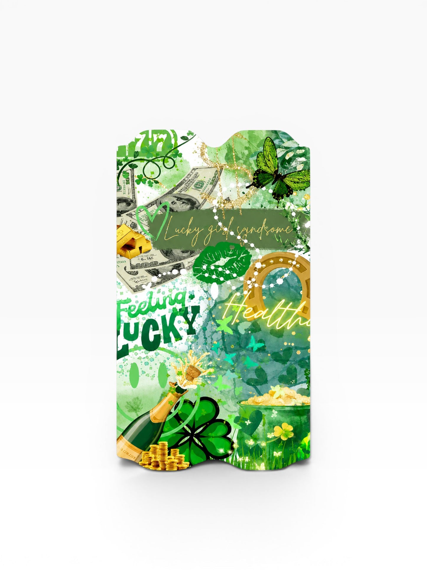 Cloud Skinz St. Patrick's Day vape decal featuring green shamrocks, money, butterflies, and champagne bottle art.