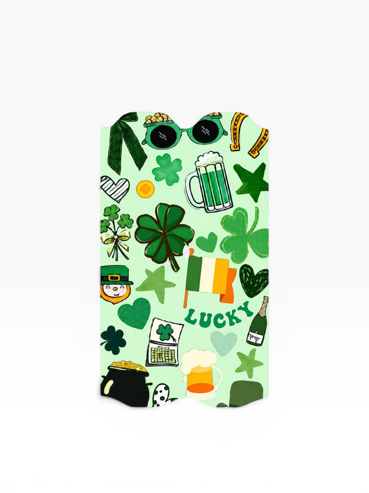 Cloud Skinz St. Patrick's Day vape decal featuring green shamrocks, leprechauns, beer mugs, and lucky symbols.