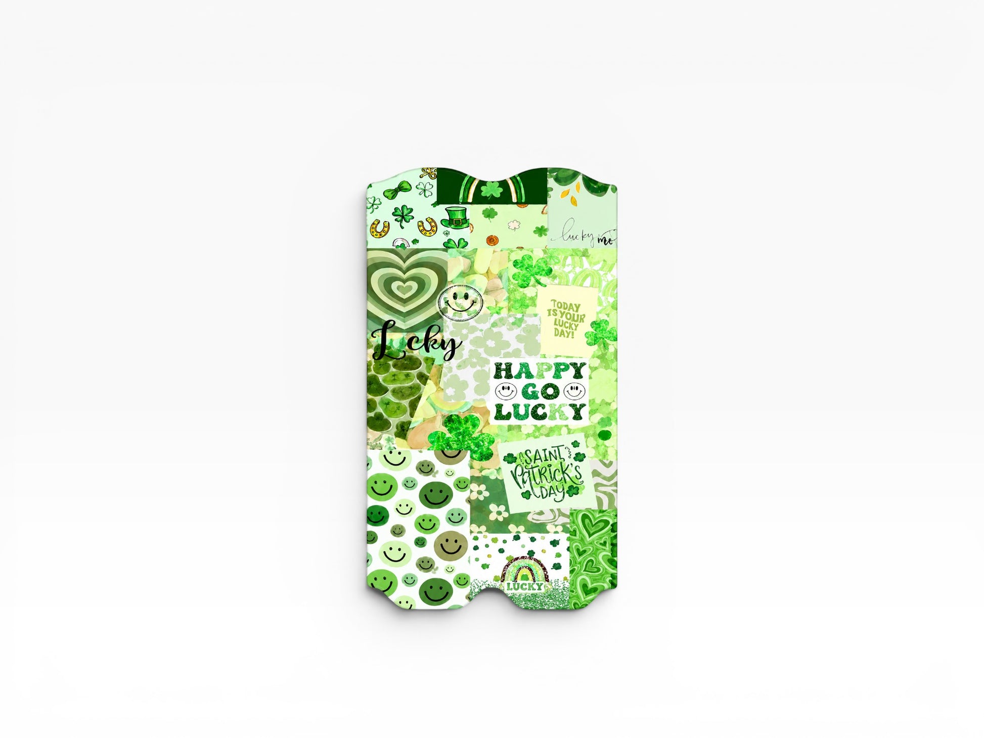 Cloud Skinz St. Patrick's Day vape decal featuring a green collage of shamrocks, smiley faces, and lucky slogans.