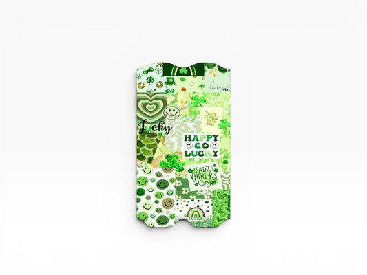 Cloud Skinz St. Patrick's Day vape decal featuring a green collage of shamrocks, smiley faces, and lucky slogans.