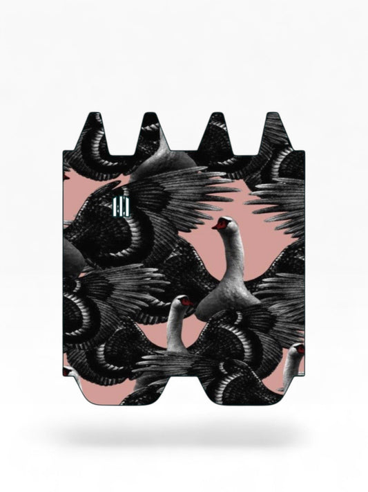 Cloud Skinz vinyl decal wrap for STIIIZY Biiig featuring a repeating black swan pattern on a soft pink background.
