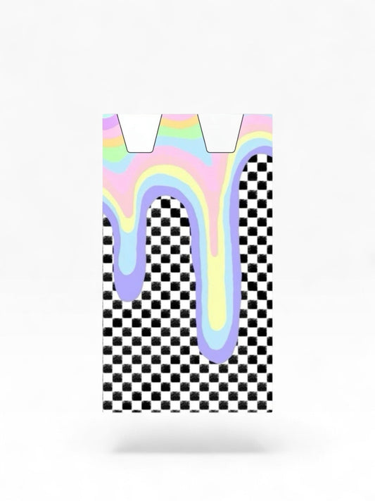 Cloud Skinz waterproof Stiiizy wrap featuring a black and white checkerboard pattern with pastel rainbow drip design