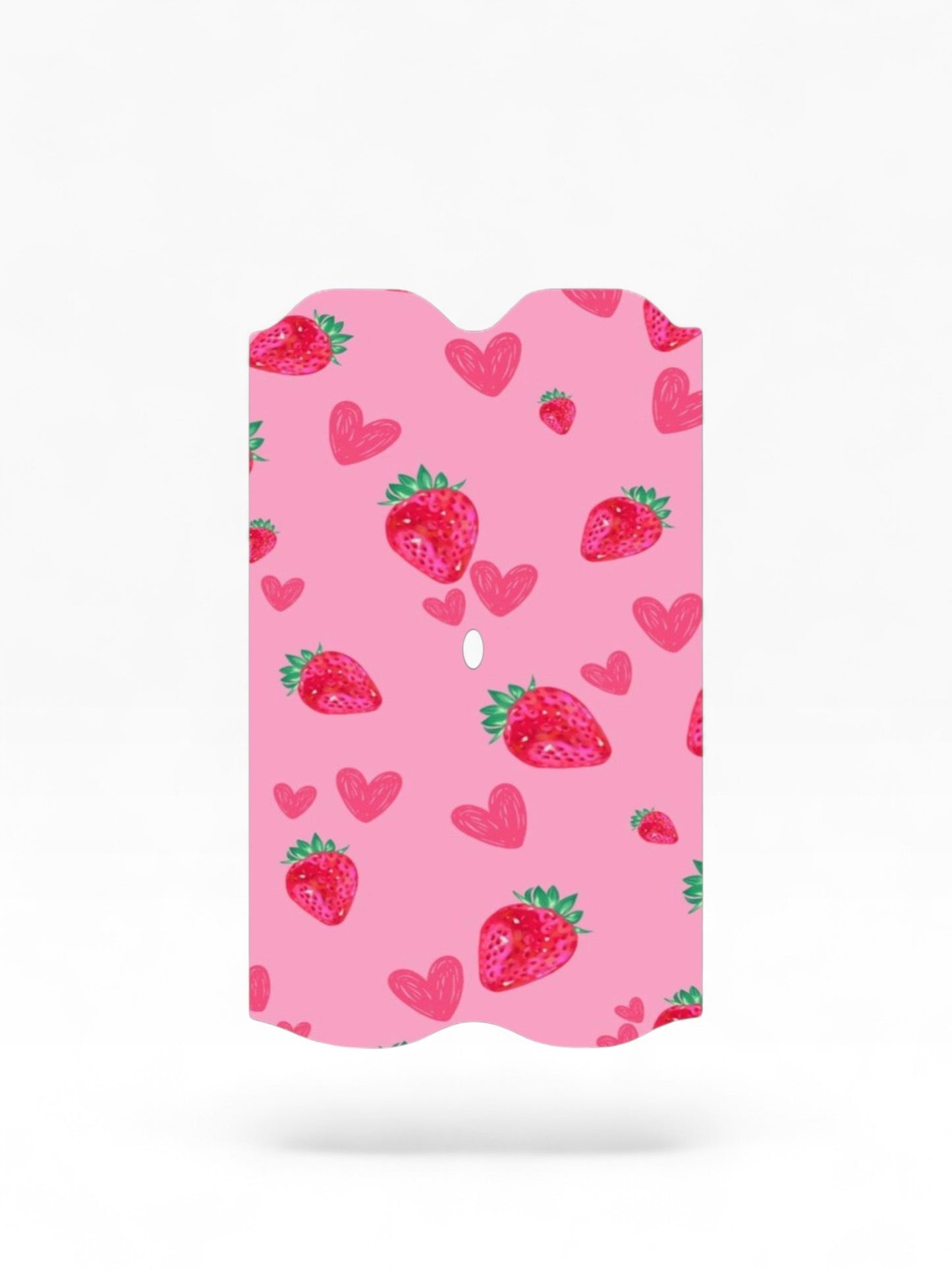 Cloud Skinz waterproof Vuse Alto decal featuring a pink background with red strawberries and small heart patterns.