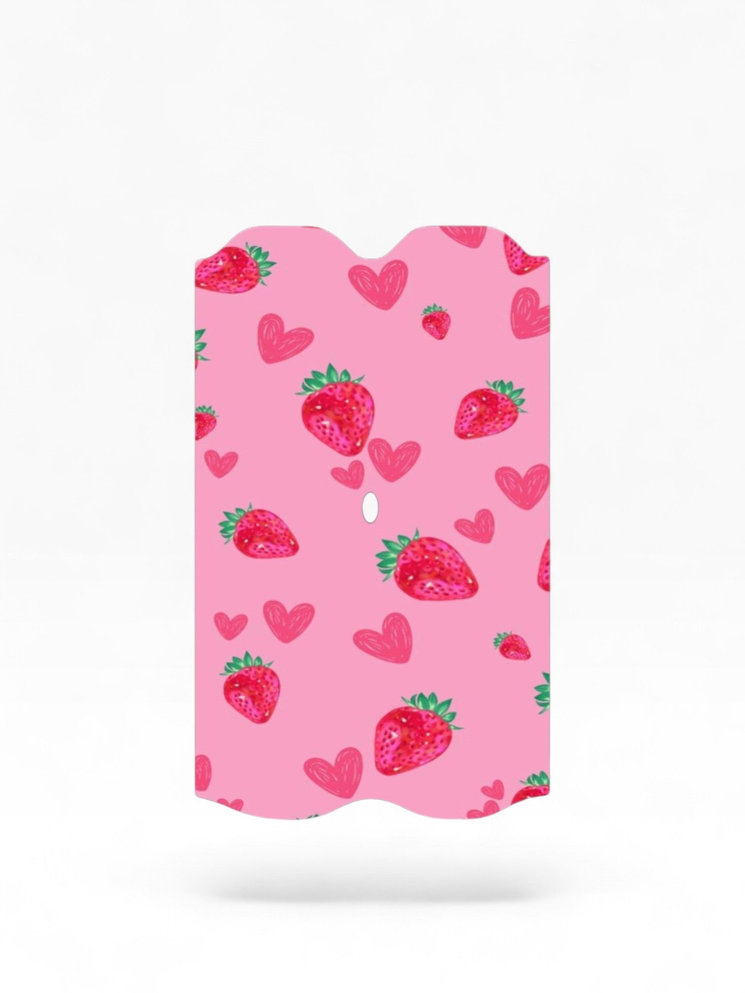 Cloud Skinz waterproof Vuse Alto decal featuring a pink background with red strawberries and small heart patterns.