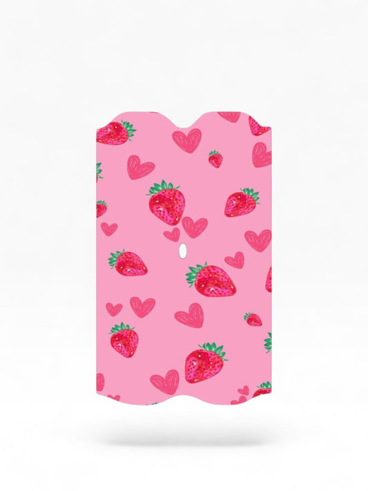 Cloud Skinz waterproof Vuse Alto decal featuring a pink background with red strawberries and small heart patterns.