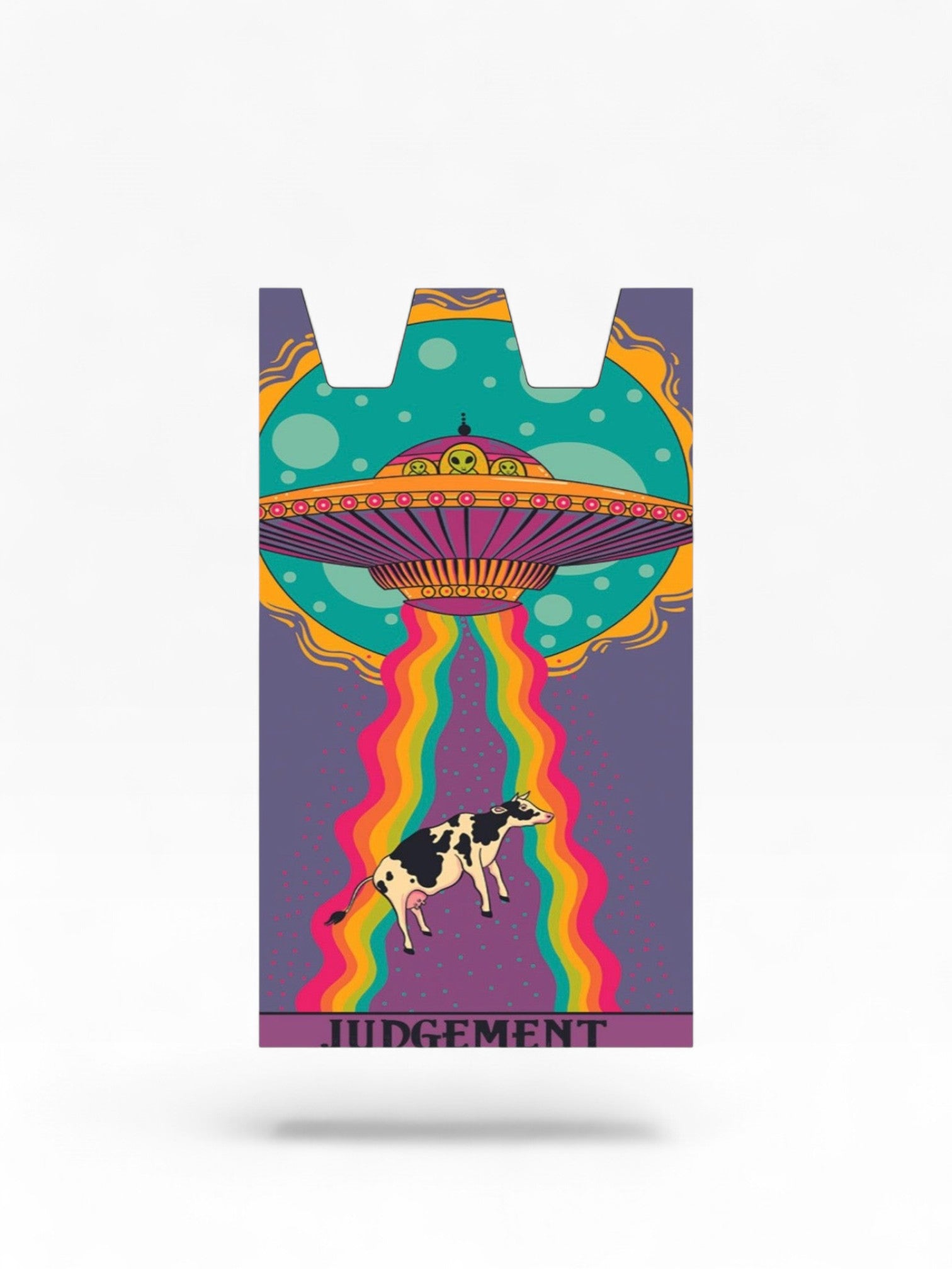 Cloud Skinz waterproof Stiiizy wrap featuring a colorful UFO alien abduction cow design with Judgement text