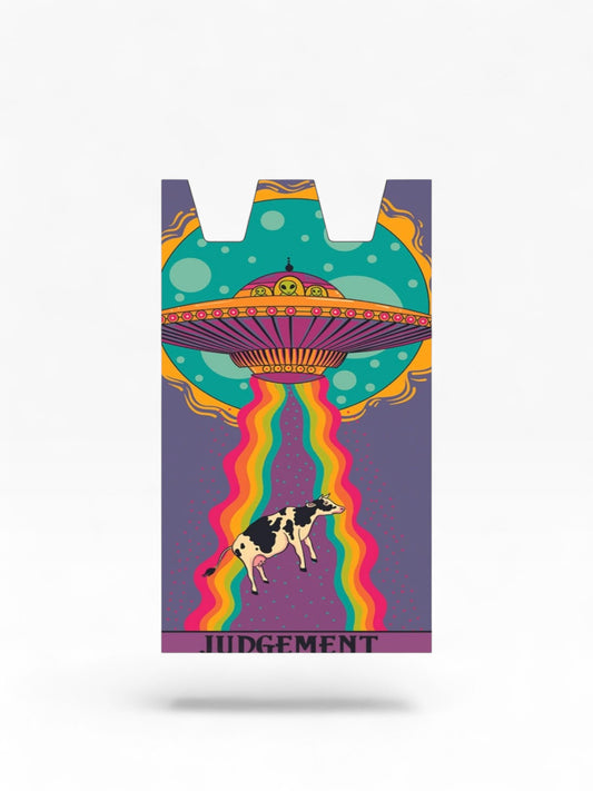 Cloud Skinz waterproof Stiiizy wrap featuring a colorful UFO alien abduction cow design with Judgement text