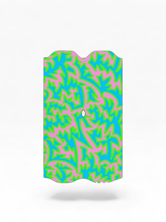 Cloud Skinz waterproof decal for Vuse Alto featuring a vibrant blue, pink, and green abstract geometric pattern.