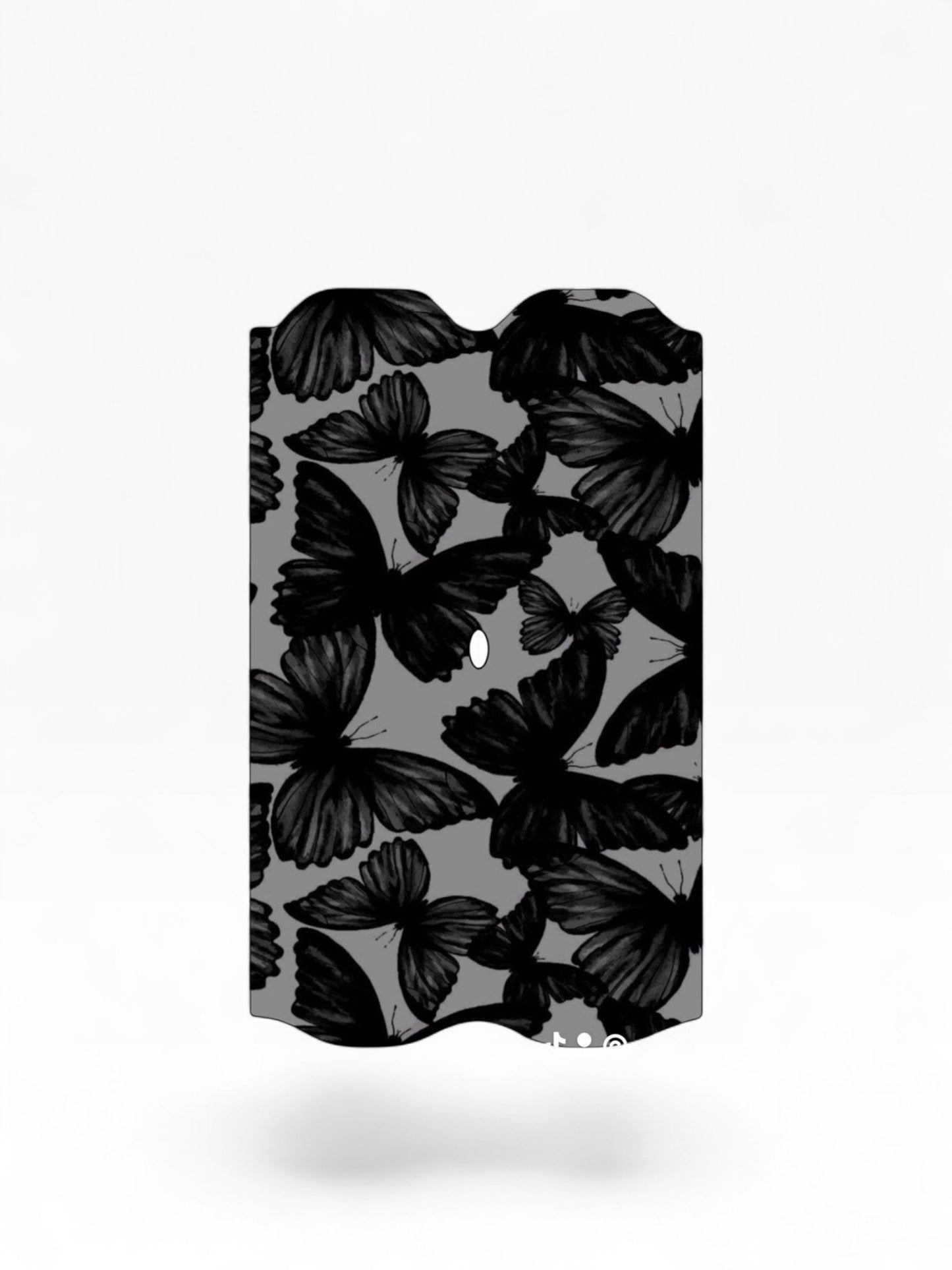Cloud Skinz waterproof decal for Vuse Alto featuring a black butterfly pattern on a grey background.