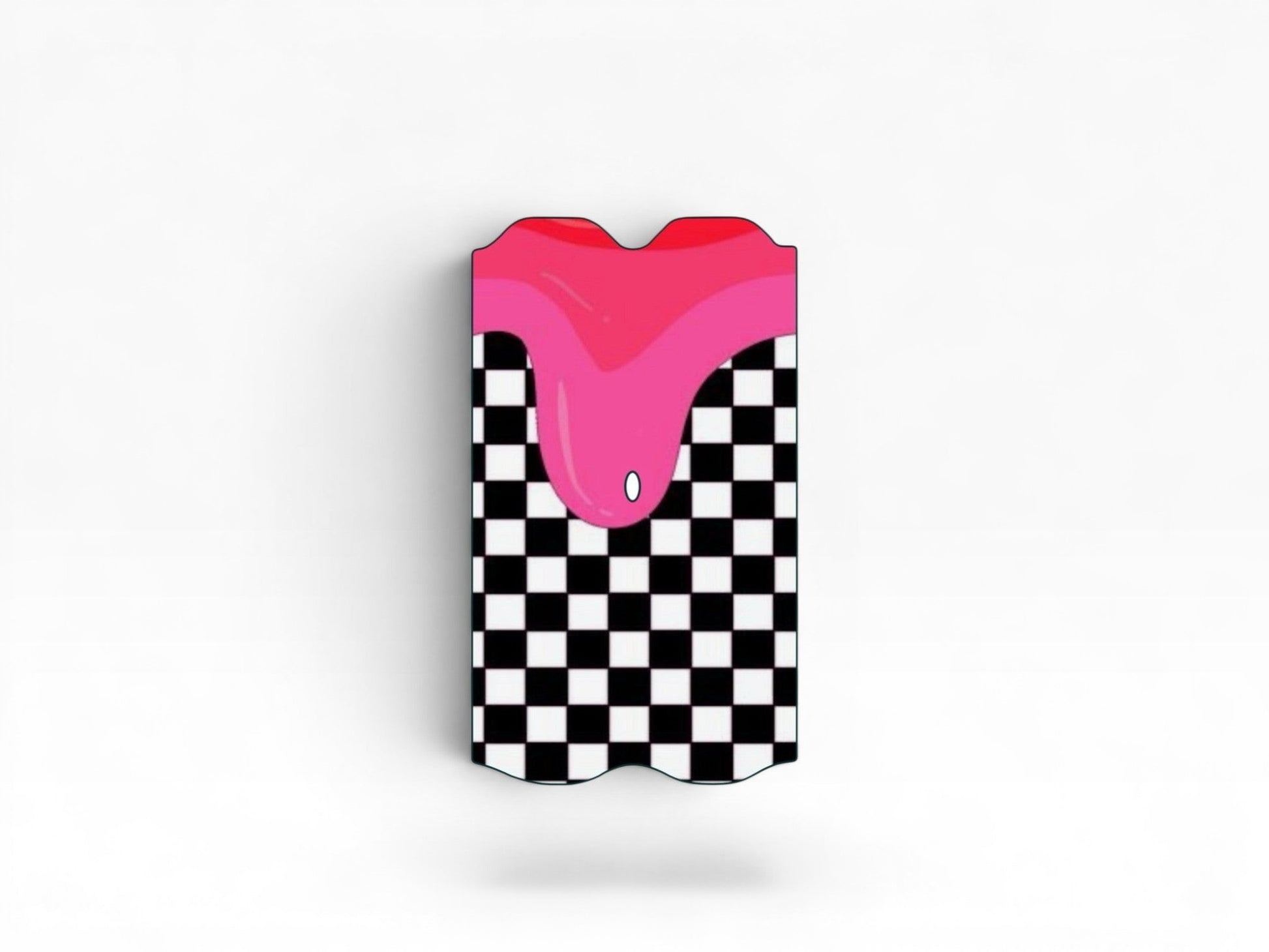 Cloud Skinz waterproof Vuse Alto decal featuring a black and white checkered pattern with pink dripping paint design.