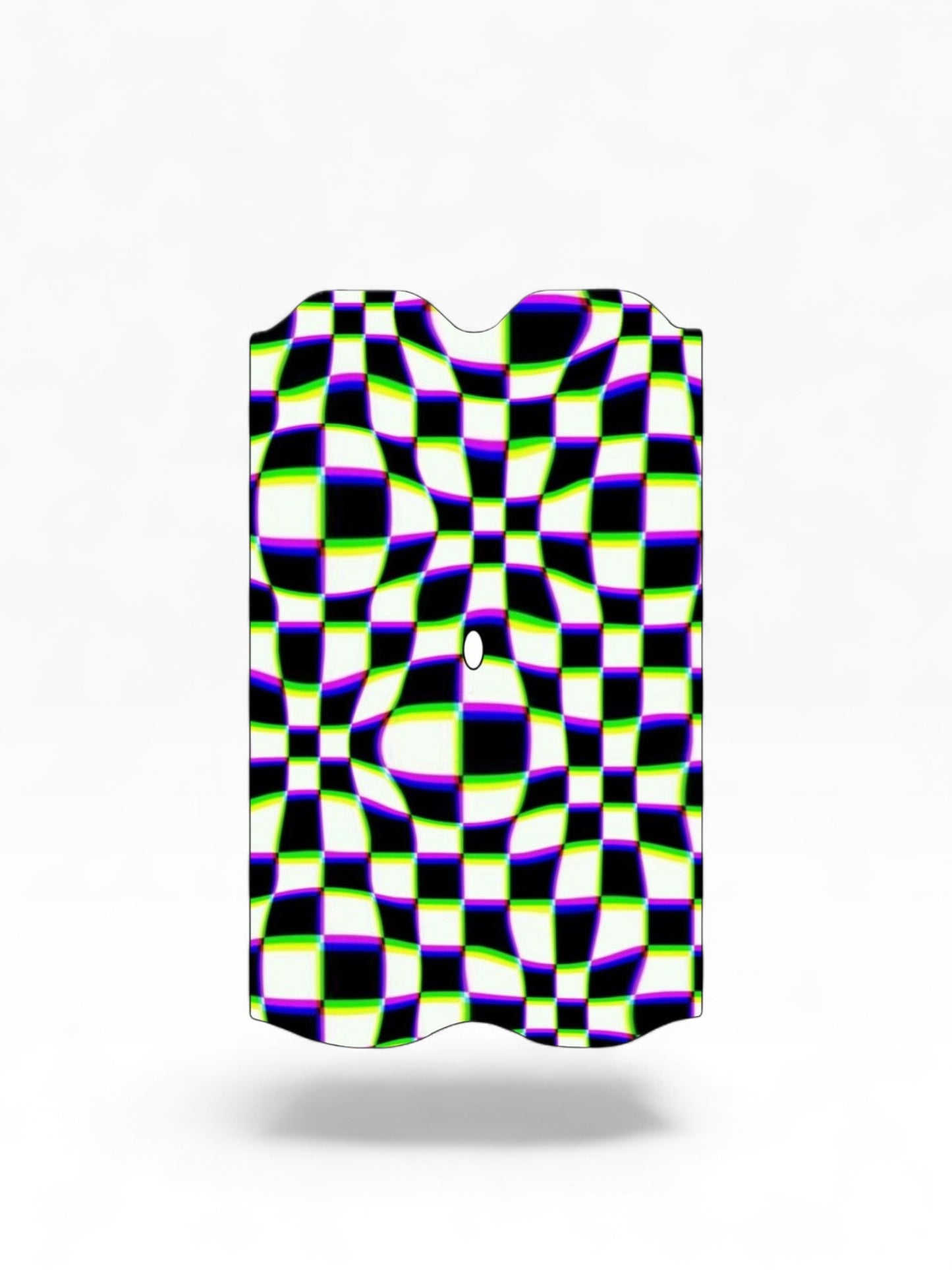 Cloud Skinz waterproof Vuse Alto decal featuring a black and white checkered optical illusion pattern with neon accents.