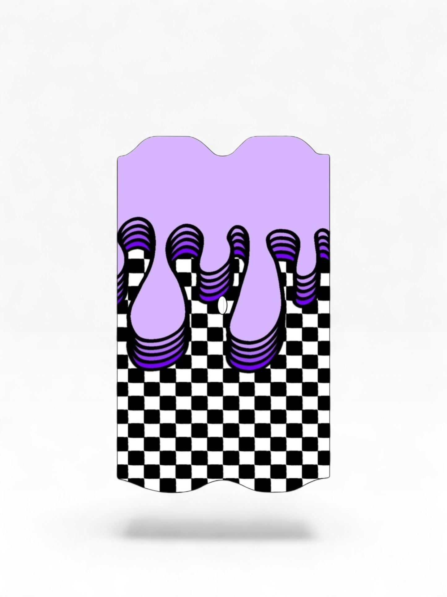 Cloud Skinz waterproof Vuse Alto decal featuring a purple drip design over a black and white checkered pattern.