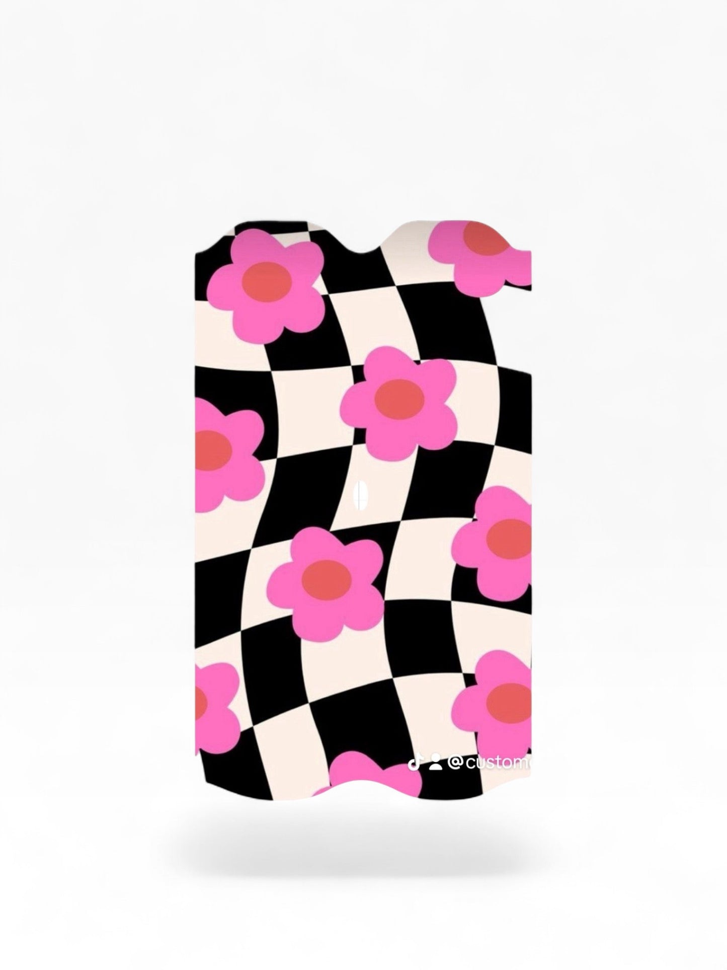 Cloud Skinz waterproof decal for Vuse Alto featuring a black and white checkered pattern with pink flower accents.