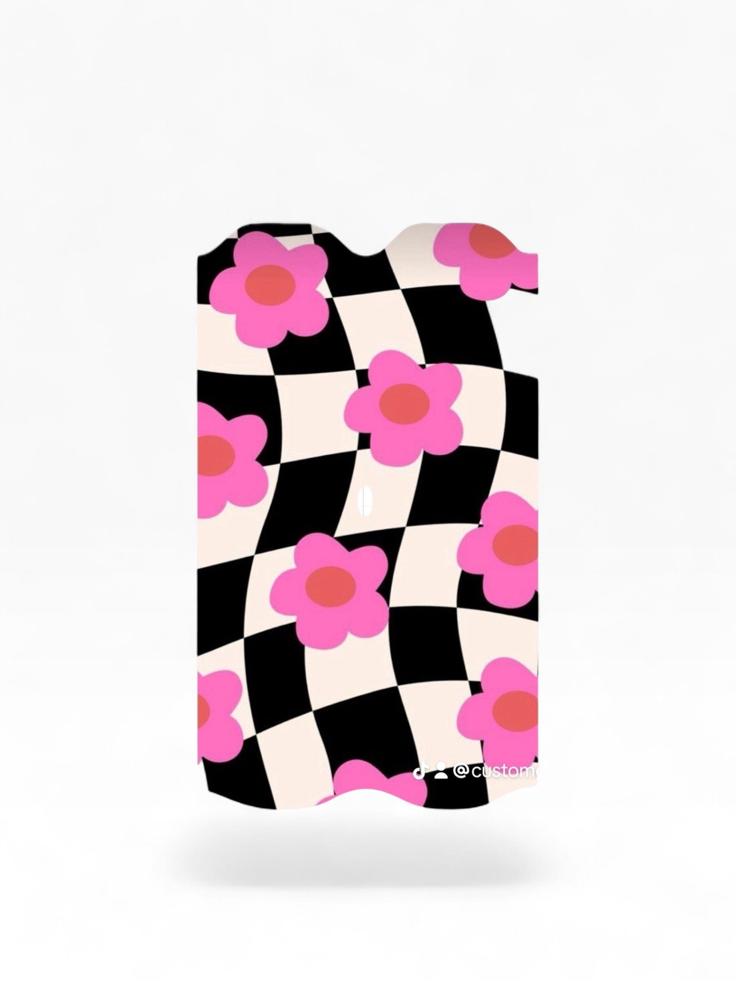 Cloud Skinz waterproof decal for Vuse Alto featuring a black and white checkered pattern with pink flower accents.