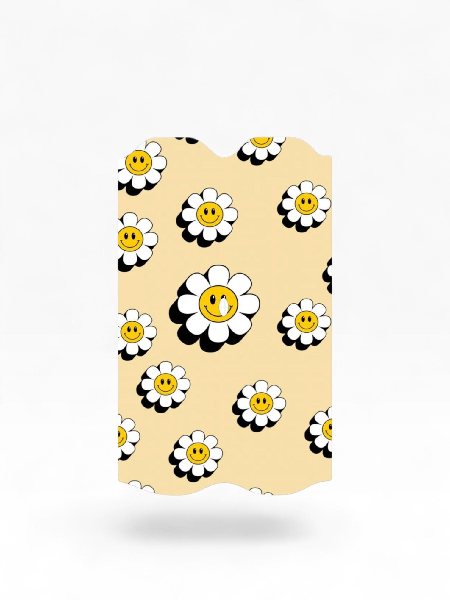 Cloud Skinz waterproof Vuse Alto decal featuring a retro cream background with white and yellow happy face daisies