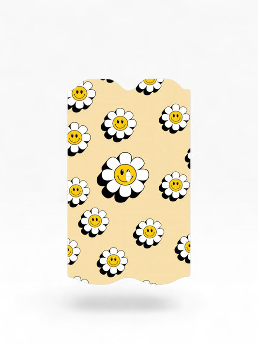 Cloud Skinz waterproof Vuse Alto decal featuring a retro cream background with white and yellow happy face daisies